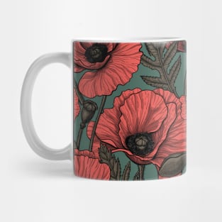 Poppy garden in coral, brown and pine green Mug